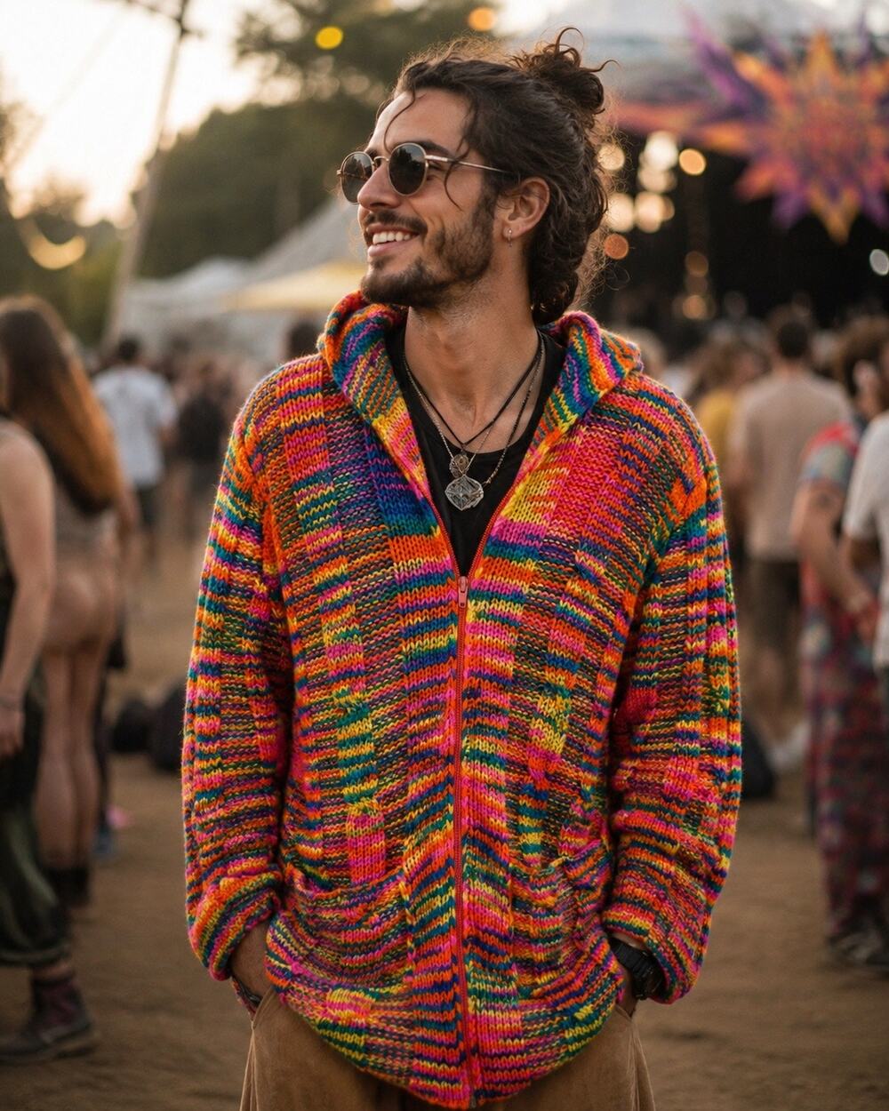 Rainbow Multicolor Hooded Zip Knit Sweater Jacket Festival Maximalist Statement